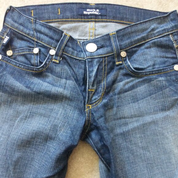 ROCK & REPUBLIC Roth medium wash flare jeans w/ purple pink sparkly rhinestones - Picture 3 of 11